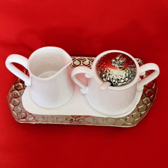 Honeycomb Bee Hive Creamer Pitcher Sugar Serving Spoon Set with Tray White Porce - Picture 5 of 12